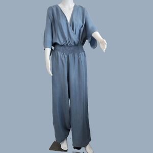 Lascana - Venus Chambray Wide Leg Jumpsuit Smocked Waist Surplice V-Neck
